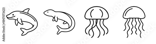 Simple line art illustrations of aquatic creatures set on a white background