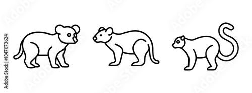 Minimalist line art set of three australian marsupials including a koala, quokka, and possum.
