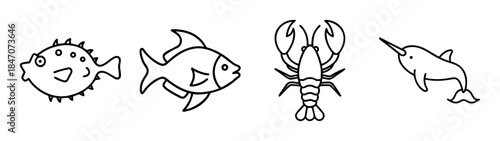 Four simple outline drawings of marine animals including pufferfish, lobster, and narwhal