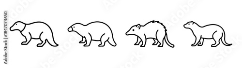 Minimalist line art illustration set featuring various small mammals like a badger and otter