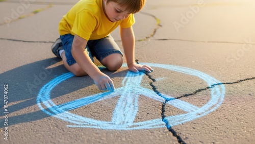 Fototapeta Naklejka Na Ścianę i Meble -  Young boy drawing blue peace symbol with chalk on cracked asphalt. Childhood activity and creative expression representing harmony and hope for the future.