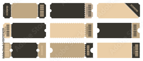 A set of blank retro ticket templates with barcodes in beige and brown tones