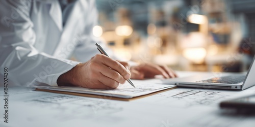 Skilled Professional Engaging in Detailed Planning and Design Work in a Modern Workspace Environment with a Laptop and Technical Drawings