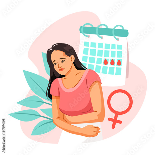 Sad woman holding stomach in pain with menstrual calendar and female gender icon on soft pink background. Concept of period cramps. Vector illustration
