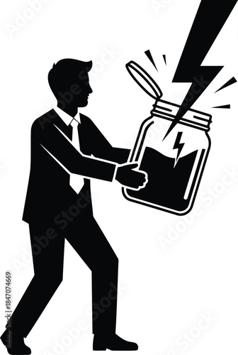 Man releasing lightning from jar isolated on white background, Vector