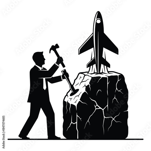 Man breaking through barrier with rocket isolated on white background, Vector