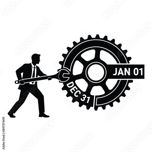 Man turning gear from december to january isolated on white background, Vector