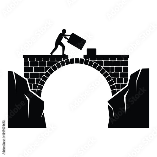 Worker building stone bridge isolated on white background, Vector
