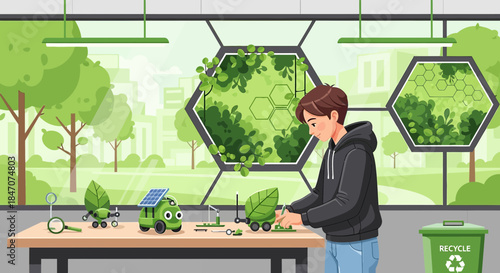 Creative innovator constructing eco-friendly gadgets in a sustainable workshop environment