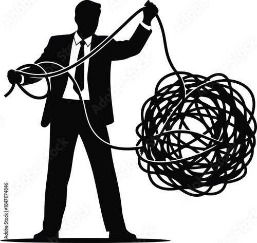 Businessman unraveling tangled mess isolated on white background, Vector