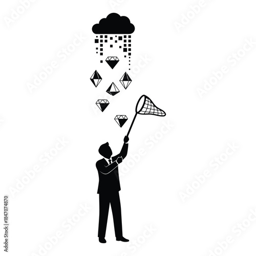 Businessman catching falling diamonds isolated on white background, Vector