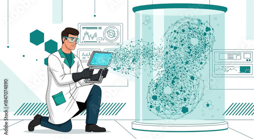 Digitalization in Life Science: Researcher Observing Data of Cellular Structures in Laboratory