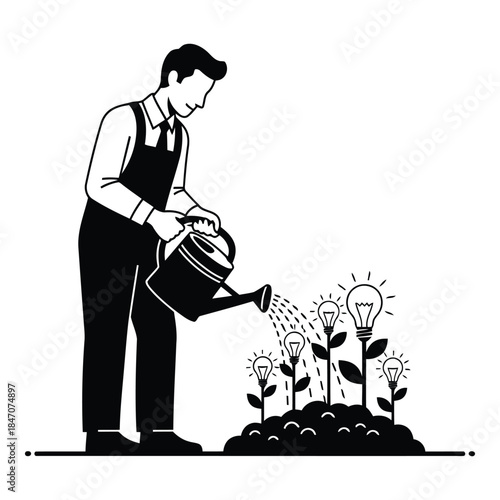 Man watering ideas isolated on white background, Vector