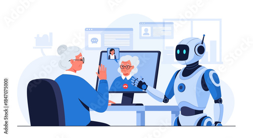 Elderly woman uses technology for remote communication with the help of a robot assistant