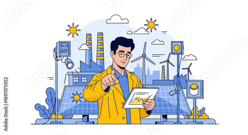 Engineer analyzing green energy statistics and pointing ahead to future innovations