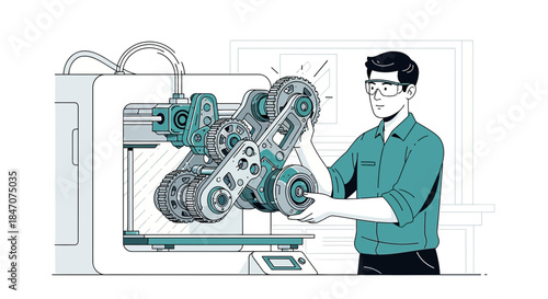 Engineer assembling complex 3D printed mechanical device in workshop setting for innovation