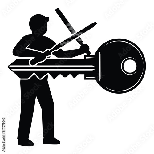 Locksmith working on key isolated on white background, Vector