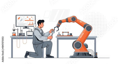 Engineer inspecting robotic arm in a modern factory automation and diagnostics system