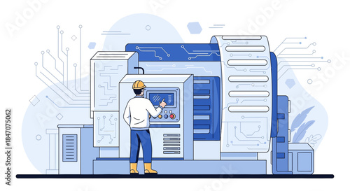 Engineer operating advanced machinery with integrated technology, fostering industrial innovation