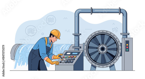 Engineer operating advanced water treatment system with safety protocols and monitoring equipment