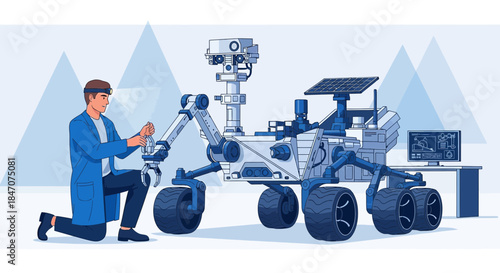Engineer inspecting robotic arm of space exploration rover for potential mission enhancements and