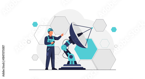 Engineer operating satellite dish with modern technology interface showcasing innovation