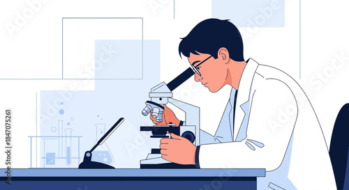 Focused scientist exploring microscopic world, revolutionizing research in sterile lab setting
