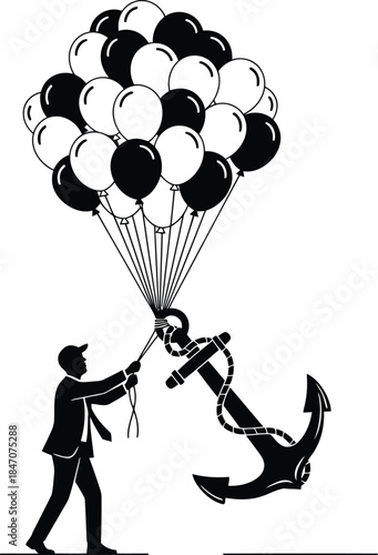 Person holding balloons tethered to anchor isolated on white background, Vector