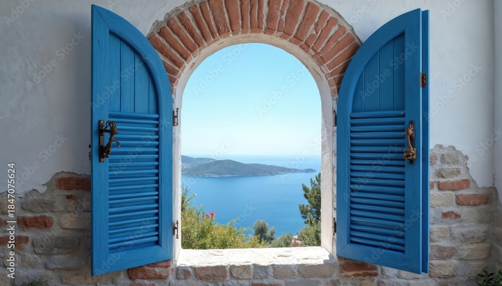 Obraz premium Arched window with blue shutters opens to reveal calm sea and distant hills. Sunny day over blue ocean with green shore. Peaceful seascape view from room.