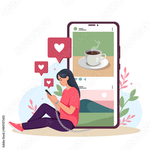 Woman sitting chained to smartphone, surrounded by social media icons, flat graphic style on white background. Concept of digital addiction. Vector illustration