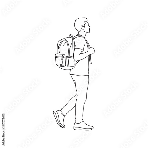 Walking man with backpack in side view — minimalist traveler line vector