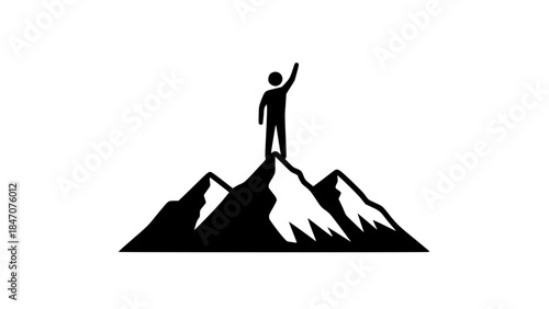 Man on high mountain flat sign black white icon