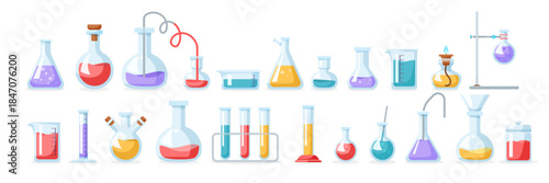 Various laboratory glassware with colorful liquids, flat graphic style, on white background. Concept of science and chemistry tools. Vector illustration