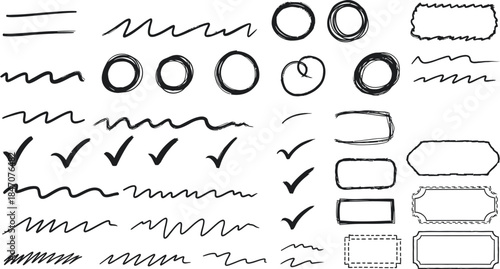 Marker doodle strokes, underlines, circles, check marks, and frame highlights, hand-drawn vector
