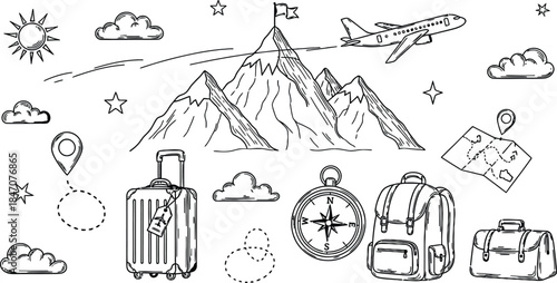 Travel doodles with mountain, airplane, luggage, and compass, black sketch line art