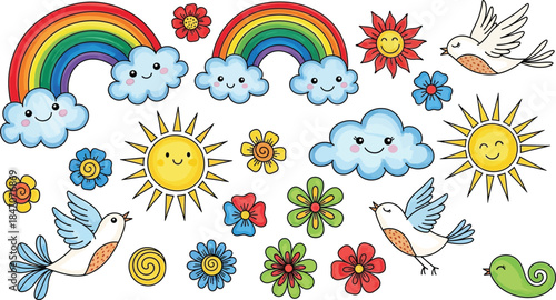 Whimsical doodle set of rainbows, clouds, suns, flowers, and birds, colorful marker sketch style, vector line art