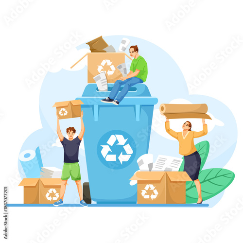 Group of people disposing of paper and cardboard into recycling bin, cartoon style with white background. Concept of environmental conservation. Vector illustration