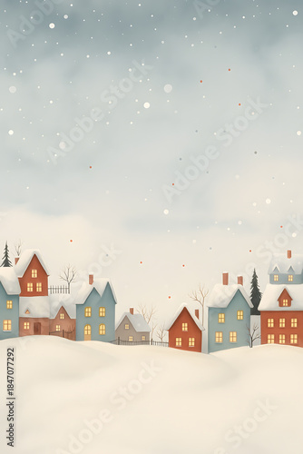Winter Village Illustration with Snowfall Background
