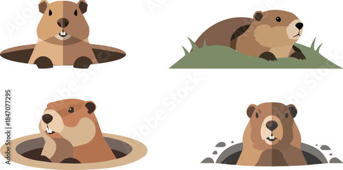 Groundhog cartoon illustration set with burrowing poses and hole scenes, playful animal character collection