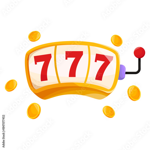 Cartoon style slot machine showing triple 7s, bright colors with gold coins, isolated on white background. Concept of jackpot win. Vector illustration