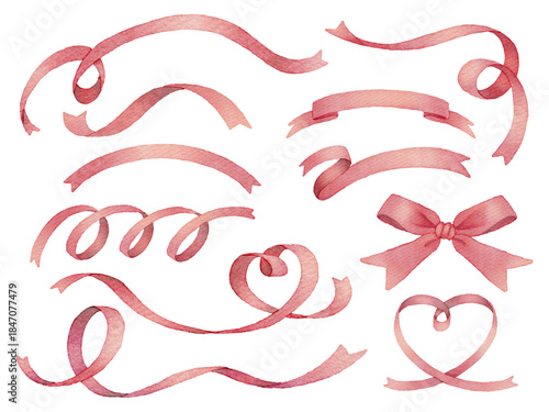 赤いリボンの手描き風イラストセット