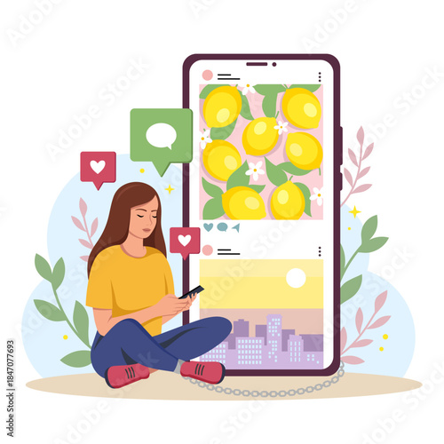 Young woman sitting with phone near huge smartphone screen, surrounded by social icons, in colorful flat style on white background. Vector illustration