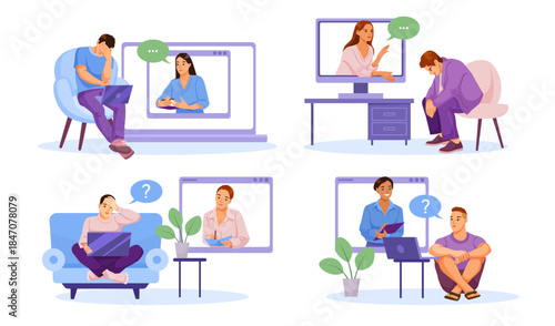 People having virtual therapy sessions with psychologists on digital devices, cartoon style on white background. Concept of mental health help. Vector illustration