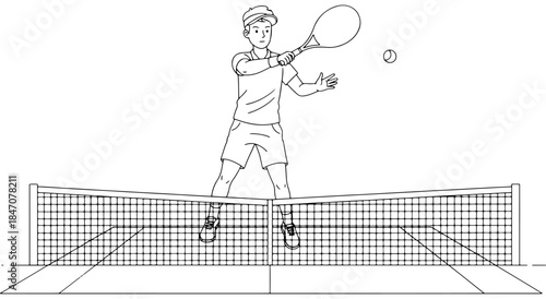 Tennis player in action hitting the ball over the net Vector