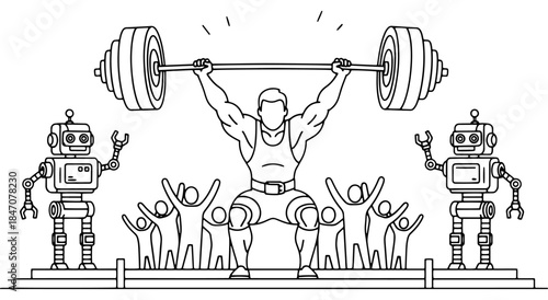 Strongman lifts weights with robots and cheering crowd Vector
