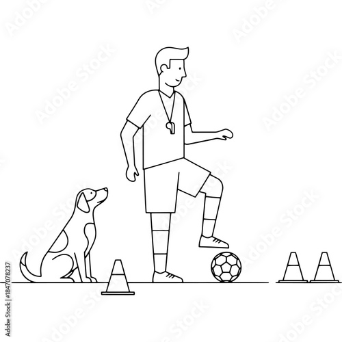 Man teaching a dog soccer training drills with cones Vector