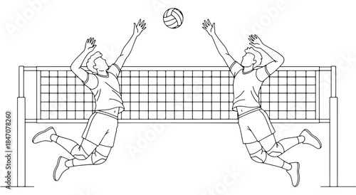 Volleyball players jumping to spike the ball over the net Vector