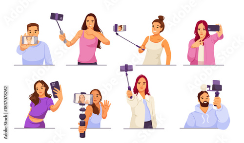 Group of men and women taking selfies with smartphones using selfie sticks, cartoon style, isolated on white background. Concept of social media. Vector illustration