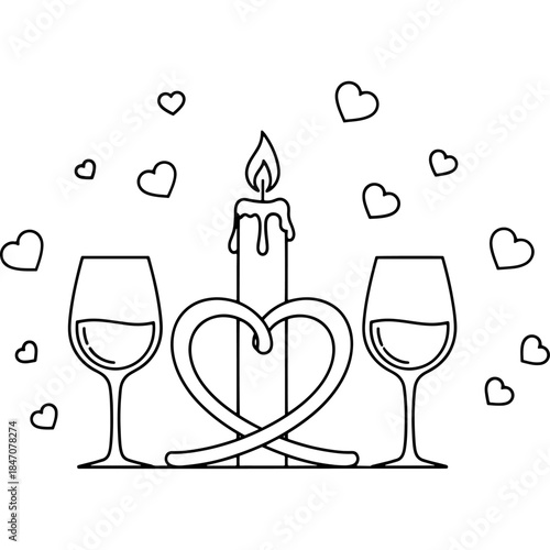 Romantic candlelit dinner with wine and hearts illustration Vector