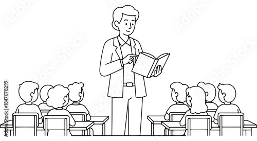 Teacher reading a book to students in a classroom Vector